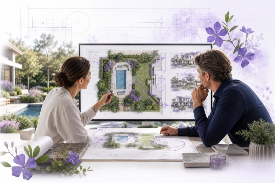 Homeowner and landscape designer reviewing and refining a garden plan